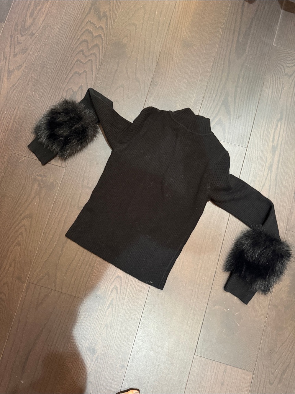 Ramy Brook Black Ribbed Turtleneck Sweater with Faux-Fur Cuffs
